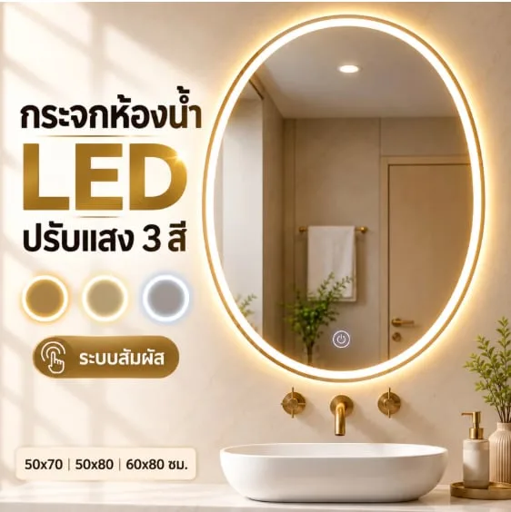กระจกห้องน้ำ LED ทรงรี ติดผนัง ระบบสัมผัส ปรับแสง 3 สี ปรับความสว่างได้ ทนความชื้น สไตล์มินิมอล
