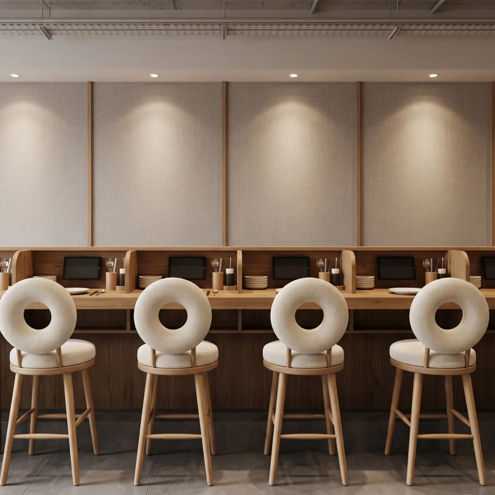 ร้านอาหาร เก้าอี้เป็นโดนัทสวยมาก