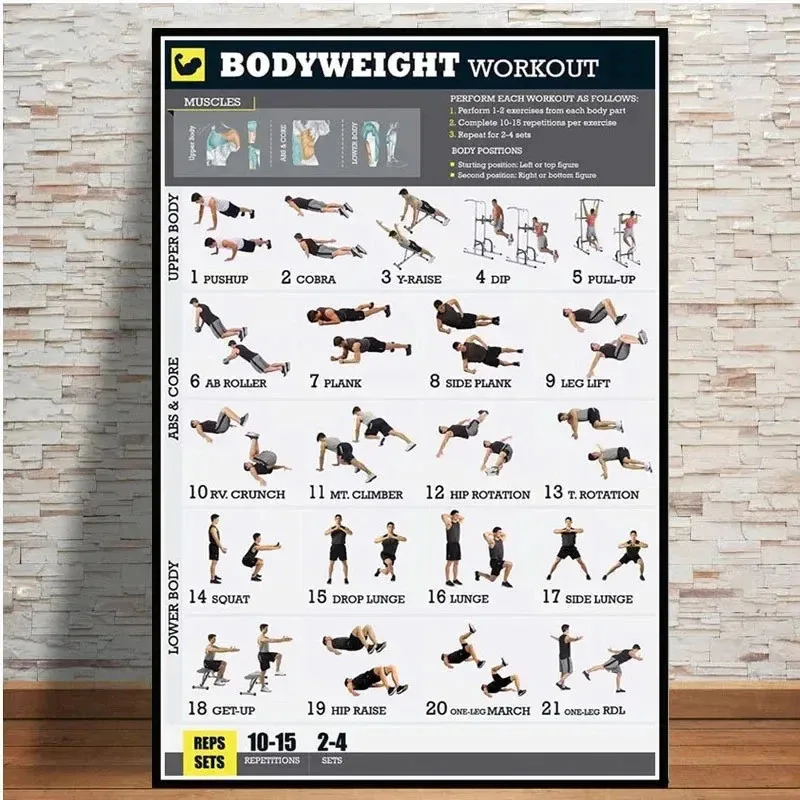ภาพวาดผ้าใบดัมเบลออกกําลังกายเพาะกายการออกกําลังกาย Bodyweight Chart โยคะ GYM โปสเตอร์พิมพ์ Wall Art Room ตกแ…